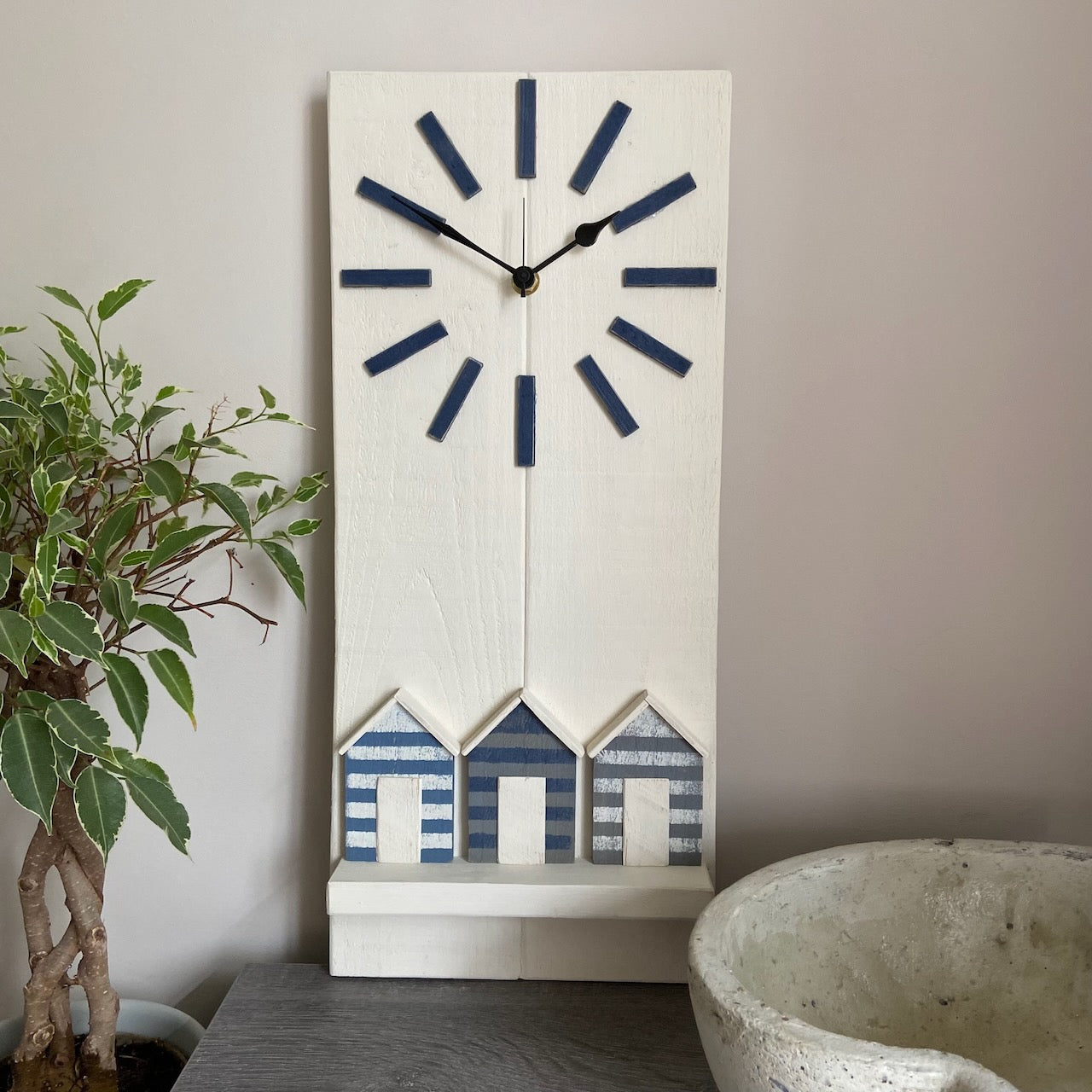 Seaside Stripes Wooden Wall Clock - Nautical Beach Hut Design