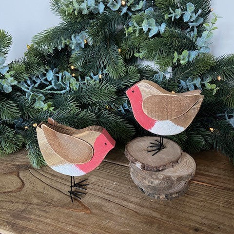 Handcrafted Wooden Robin Ornament - Set of 2