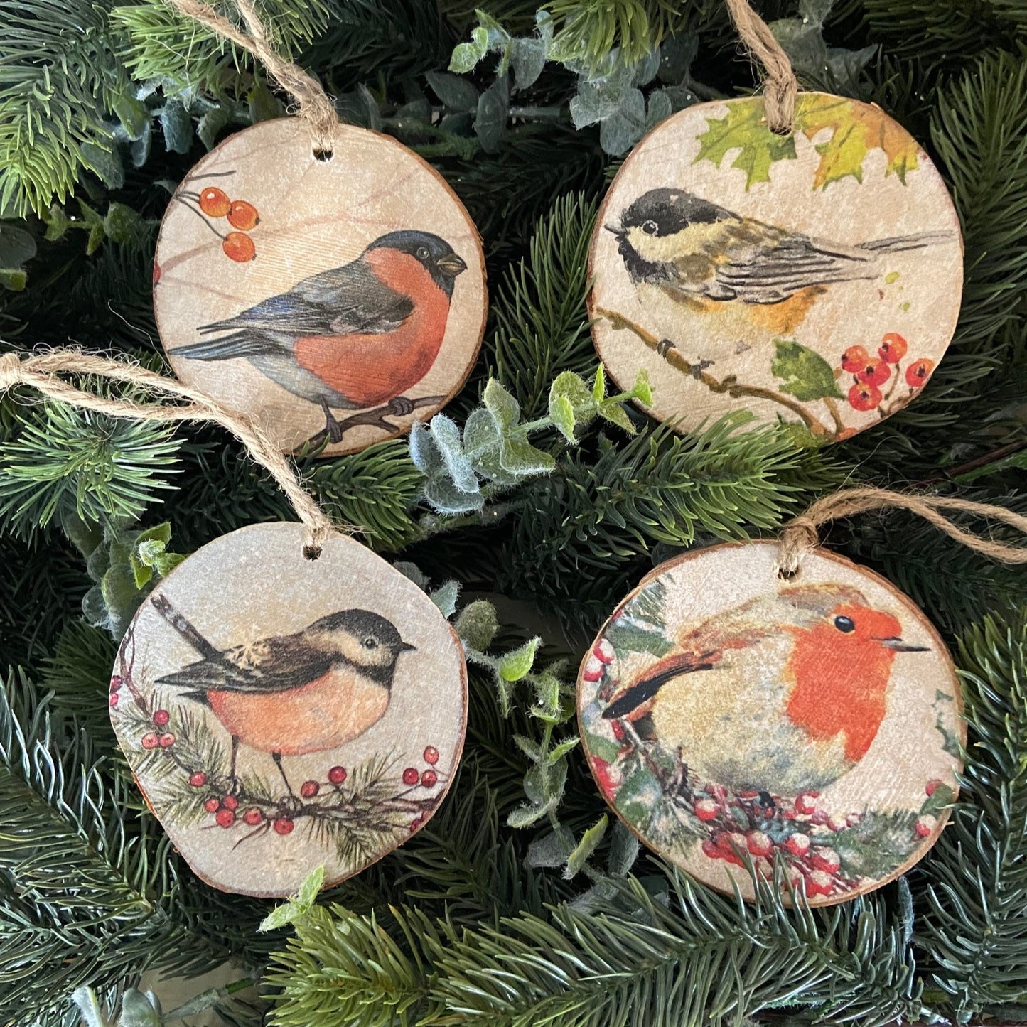 Set of 4 Bird Ornaments on Natural Tree Slices