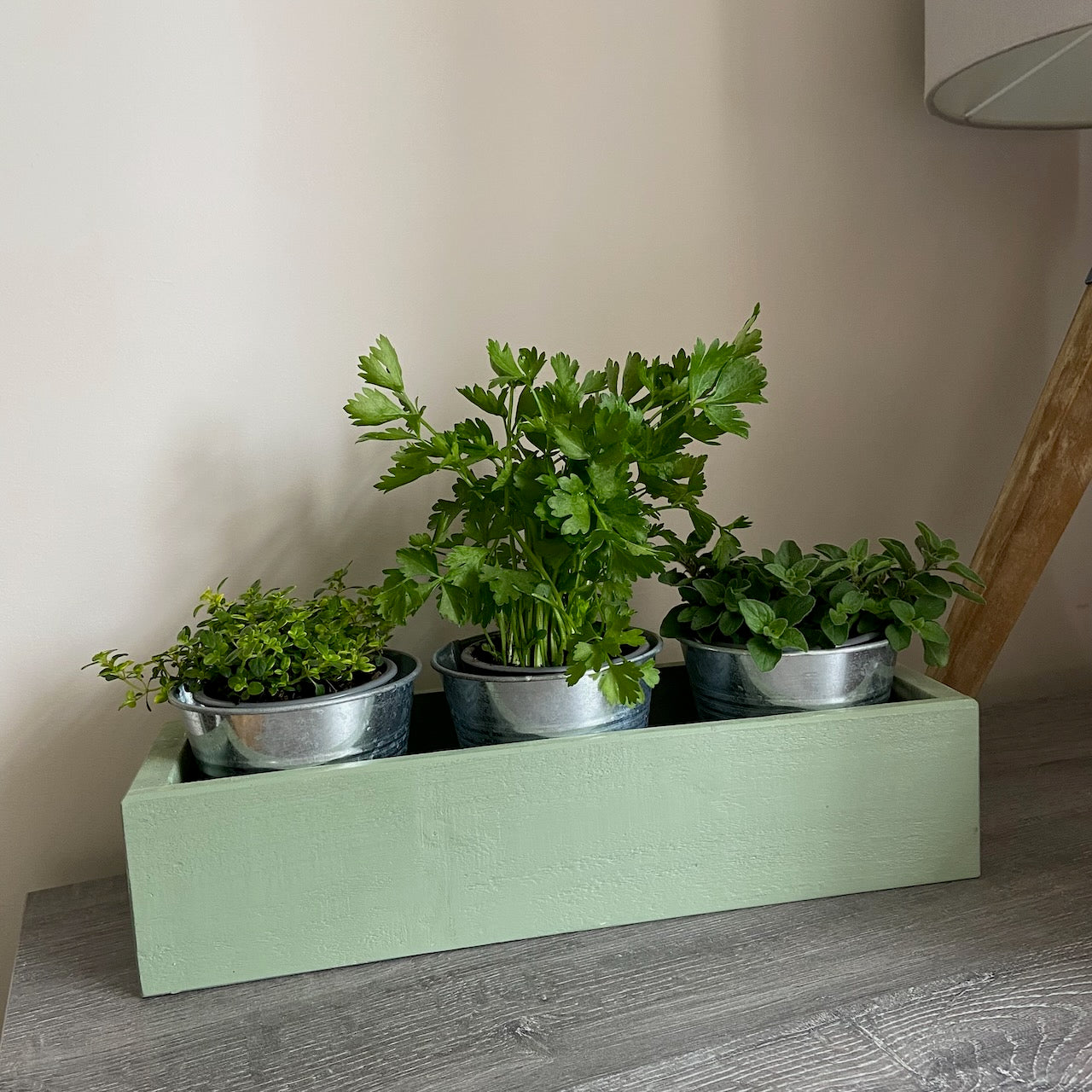 Rustic Wooden Herb & Plant Box – Handpainted Planter with Galvanised Pots